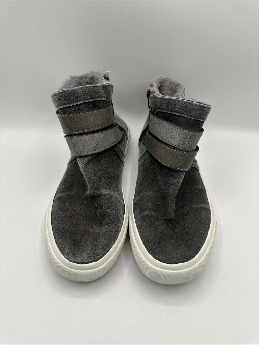 Blowfish Malibu Vex Grey Canvas Buckle High Top Sneakers Faux Fur Lining